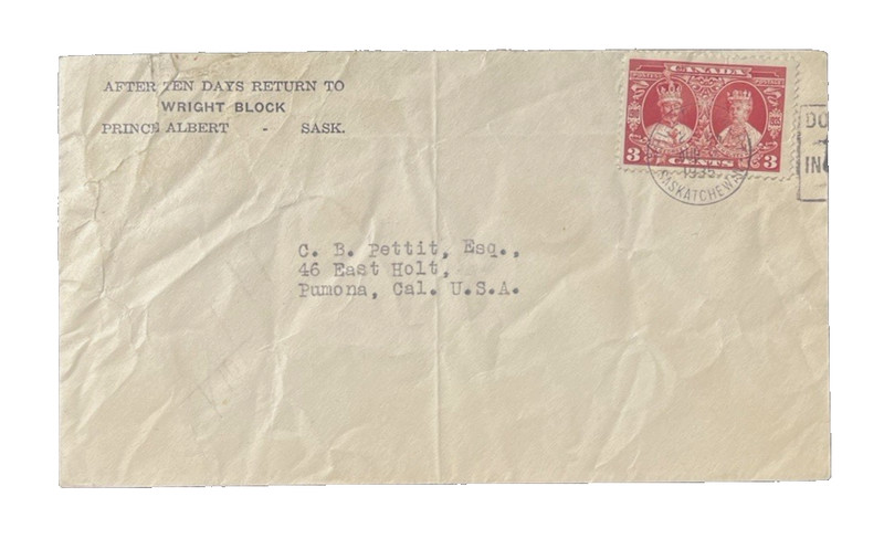 CANADA PRINCE ALBERT - SASK POSTAL COVER HISTORY to US 1939
