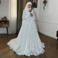 Muslim Exquisite Lace Wedding Dresses A Line Pleat Bride Gowns Elegant
