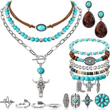 18 Pcs Western Turquoise Jewelry Sets for Women with Boho Necklace, Earrings, St