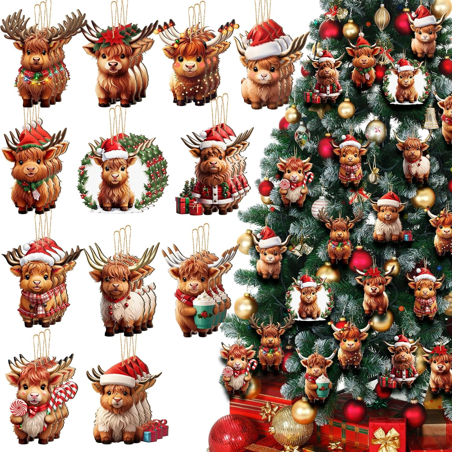 36 Pcs Cow Christmas Ornament Wooden Western Highland Cow Decoration for Christm