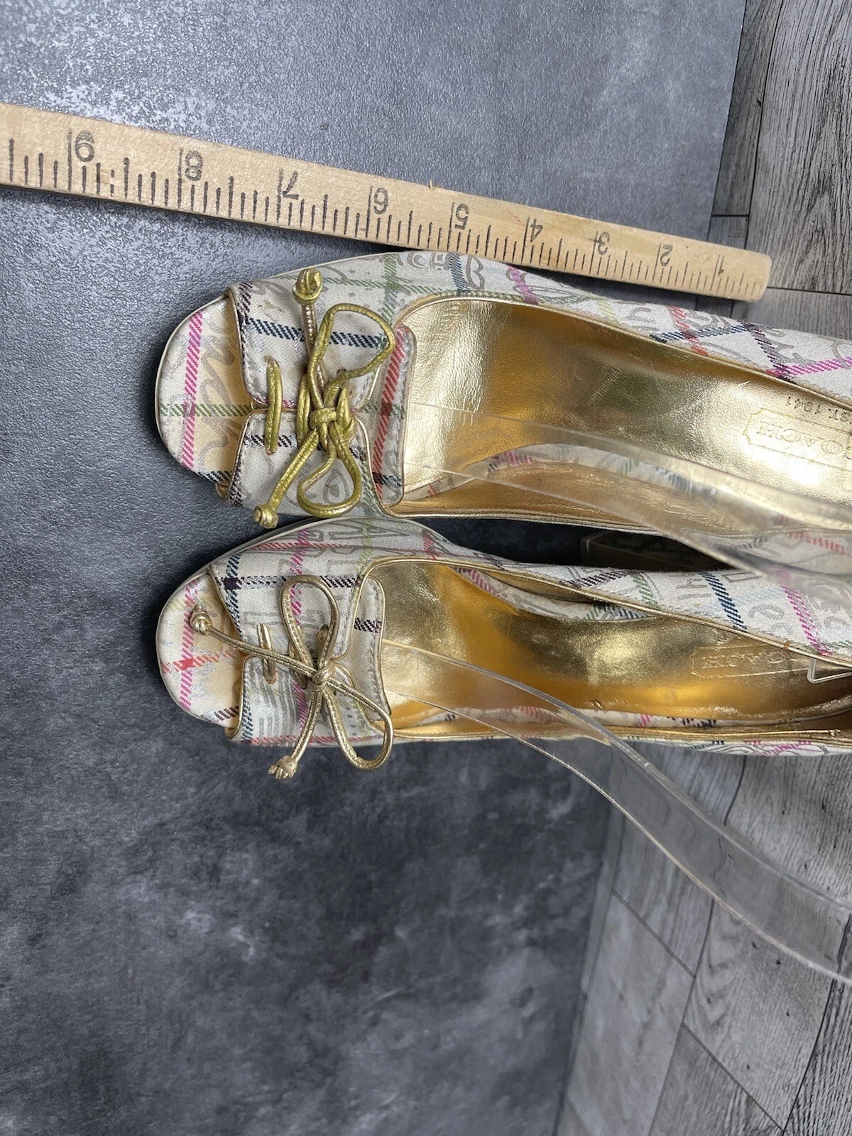 Scarpe Coach tacco donna 6 5B Corey beige raso a righe punta aperta eleganti decolte