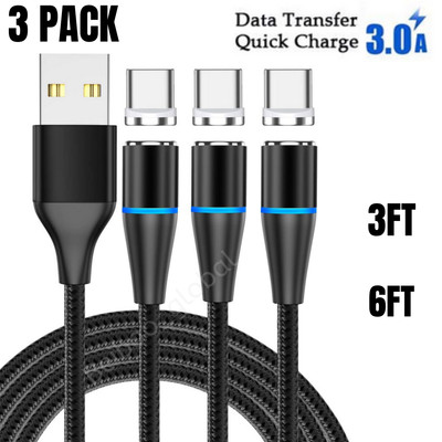 3Pack Magnetic Type C Cable USB C Fast Charger Charging Cord For Android Samsung