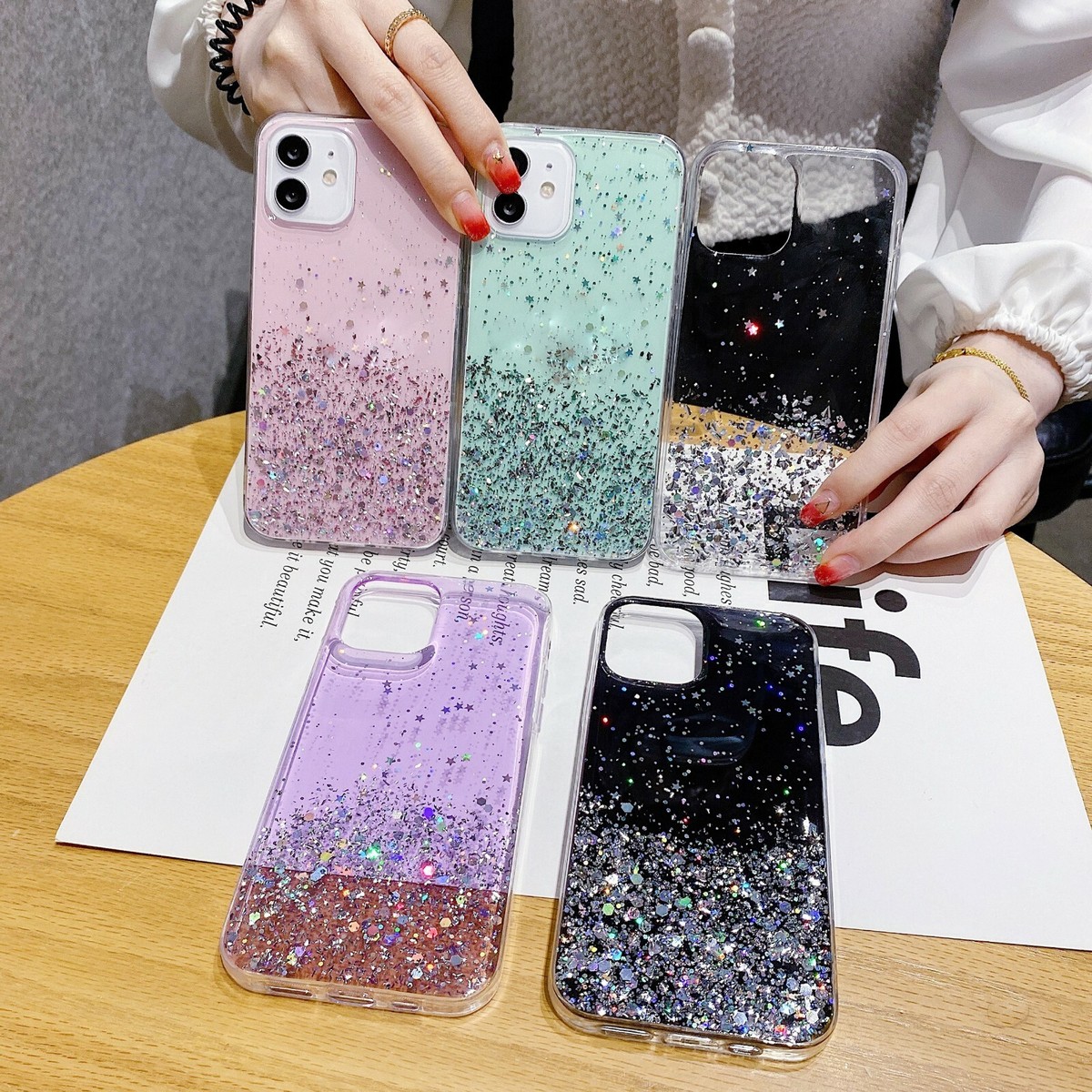 Glitter Stars Back Cover for iPhone 11 12 13 14 15 Pro Soft Epoxy