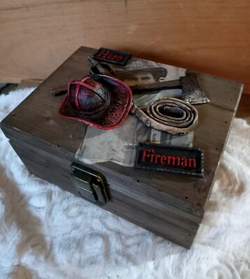 3D Wooden Firefighter Hero Treasure Trinket key, Coin Loose Items Stash Box