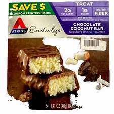 Atkins Endulge Chocolate Coconut Bars 5 Pk 1.41 Oz Fiber 2g Carbs 4g Protein