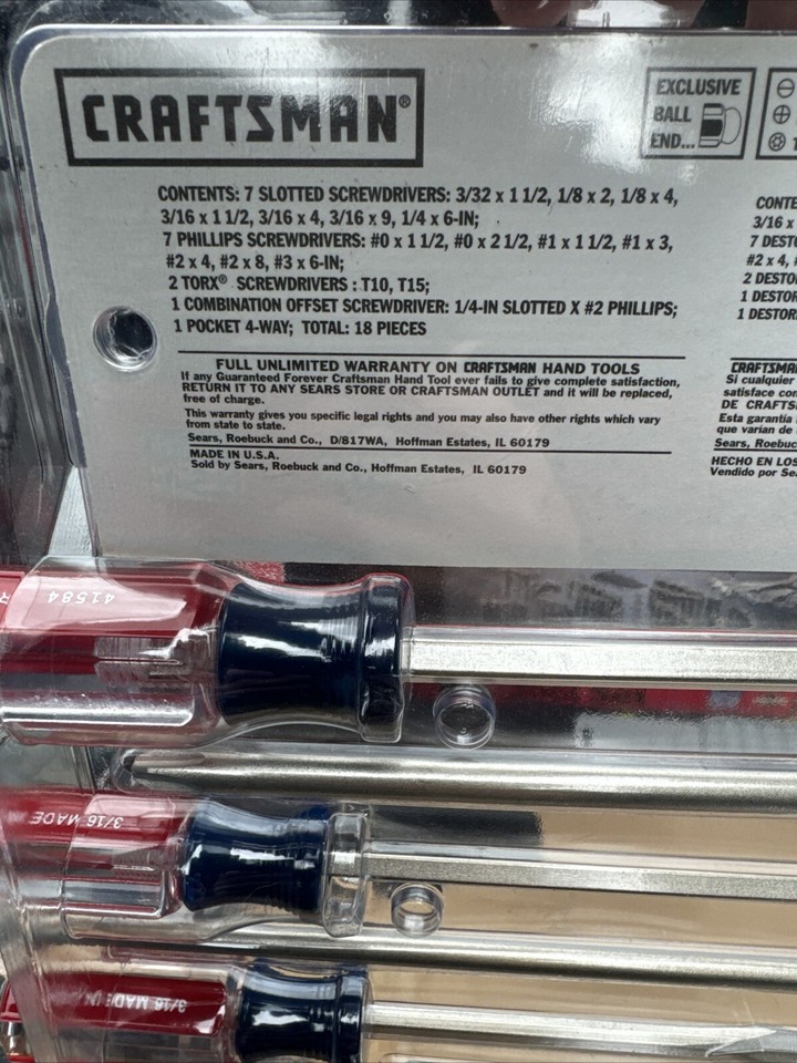 Sears Craftsman USA Nos 18pc Screwdriver Set 41608 Vintage Phillips