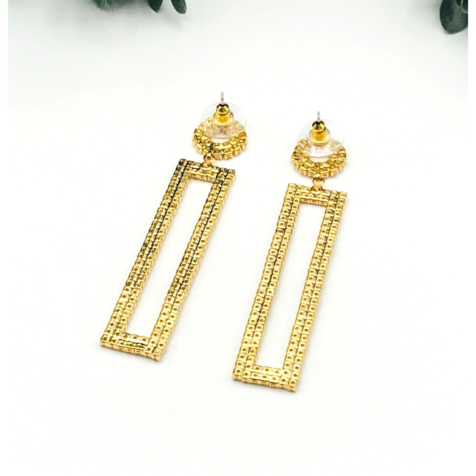 Dangle earrings, gold tone rectangle shape, clear… - image 3