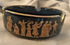 Vintage KE Ashtray Handmade in Greece Black 24k Gold Round Ceramic