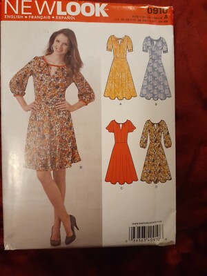 Misses' Flared Skirt Dress, New Look Sewing Pattern # 0910, Keyhole Neckline 