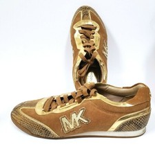 MICHAEL KORS BROWN SUEDE+PYTHON LEATHER+GOLD TRIM ATHLETIC MK SHOES SIZE-8.5