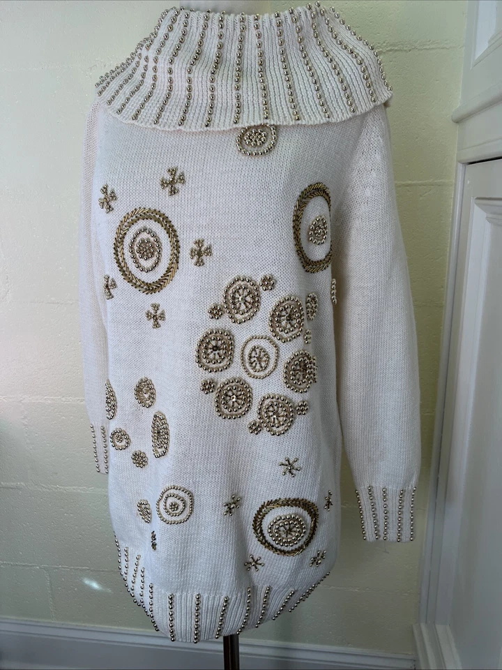 Vtg Victoria Harbour Gold Beaded Tunic Cowl Neck Sweater Cream Women’s Small - Image 2 of 4