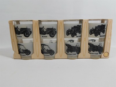 NOS Four Vintage Anchor Hocking Antique Car Tumbler Glasses Anchorglass