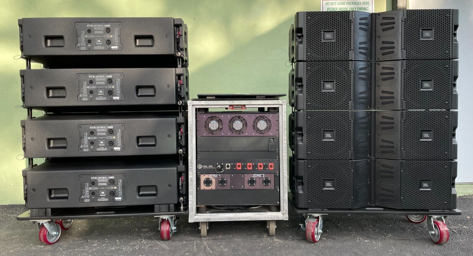 Jbl Rack1 (8) JBL VTX-V20 LINE ARRAY W/ TRANSPORT CART AND CROWN AMP RACK (THS ...