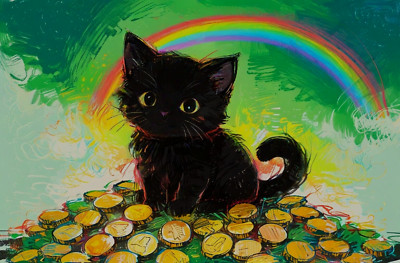 ACEO Mini Tiny *ART PRINT* Black Baby Cat Irish Gold Coins Rainbow Lucky Charm