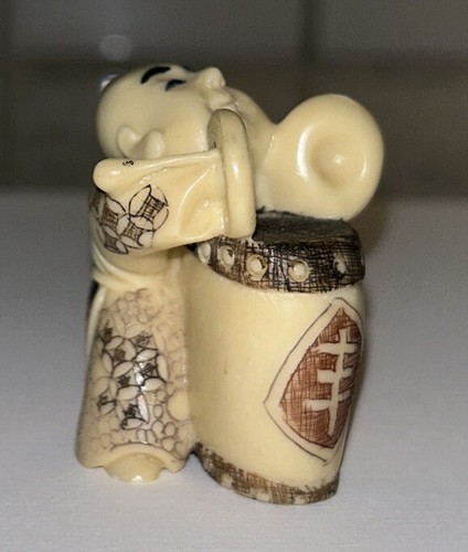 Vintage Japanese Carved Resin Netsuke Man With Drum, SIGNED