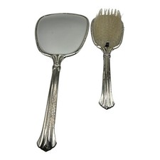Vanity Set Hand Held Mirror  Hair Brush Silver Color Metal Bevelled Mirror VTG