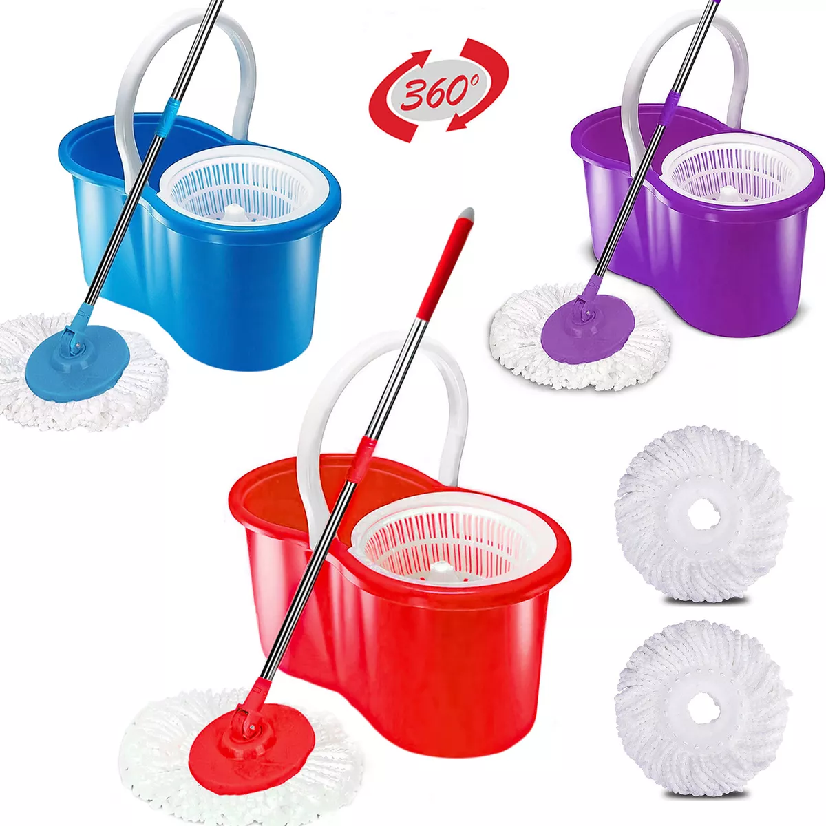 360° FLOOR MAGIC SPIN STEEL MOP BUCKET SET MICROFIBER ROTATING DRY 2 HEADS  X-MAX