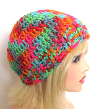 CLASSIC BEANIE HAT CAP TEXTURED EDGE PINK GREEN MULTICOLOR HANDMADE CROCHET