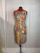 ADRIANNA PAPELL Dress Size 10 Gray Orange Floral W/ Neckline Flowers Midi F789