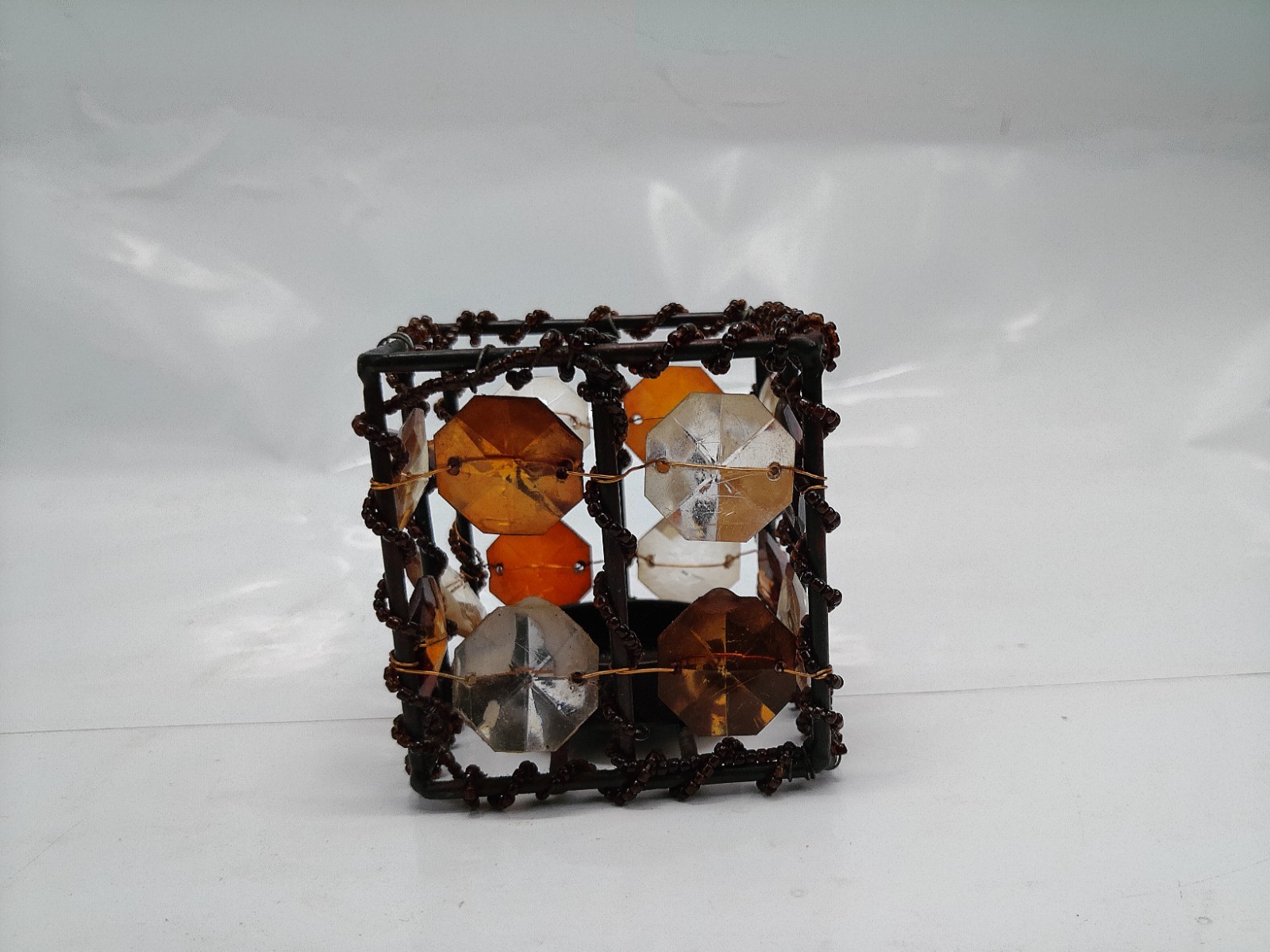 Beaded Cube Tealight Candle Holder Wire Frame Amber and Clear Acrylic Crystals image 5