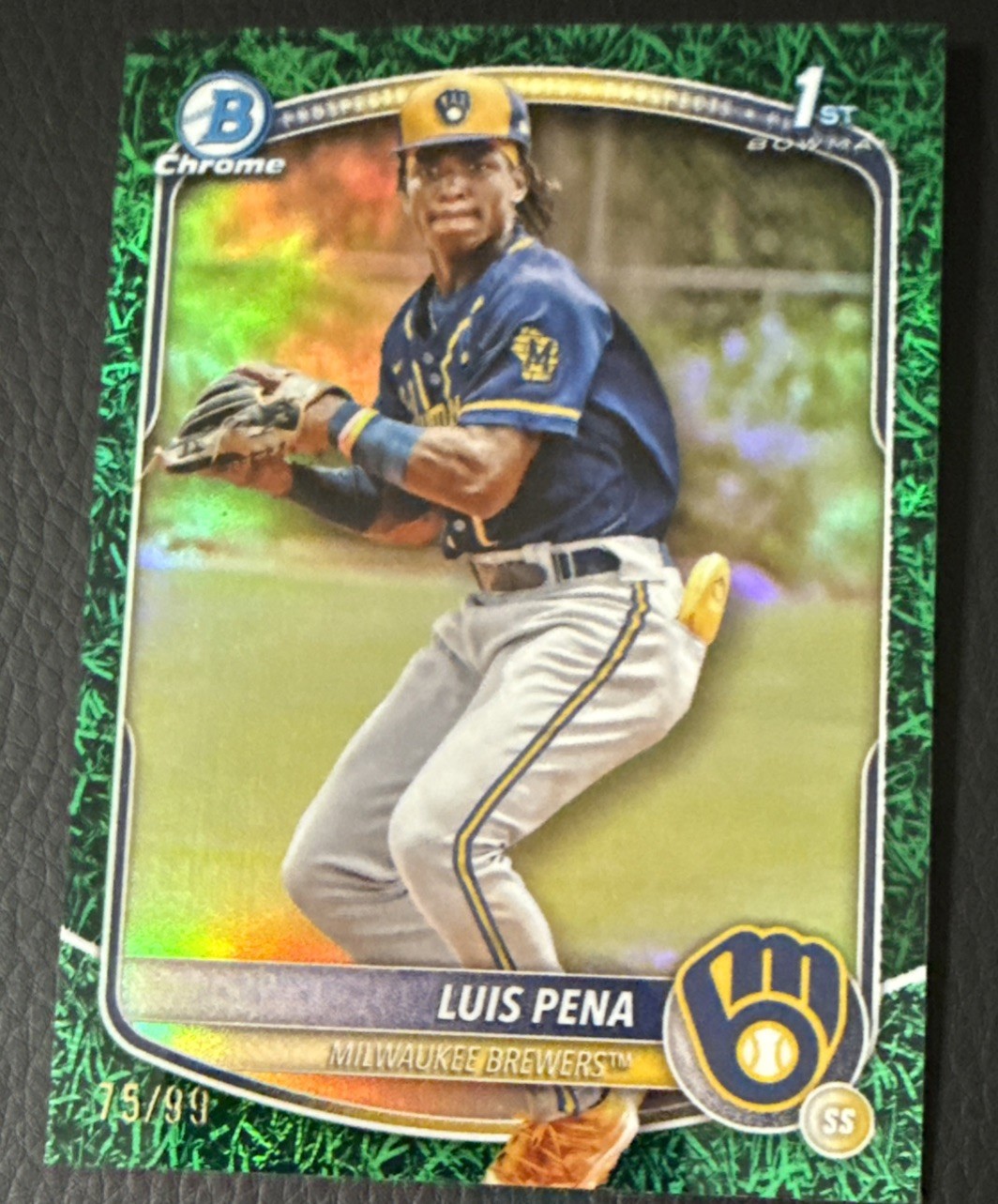 2025 Bowman Luis Pena Chrome Green Grass Refractor 1st #/99 Brewers