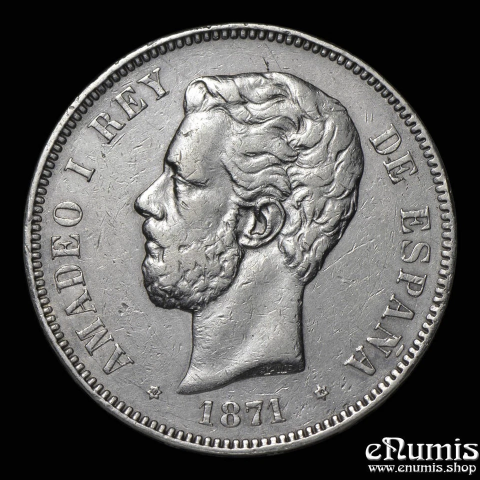 SPAIN, Amadeo I, 5 Pesetas 1871 (1874) DE-M, VF+/aXF - Image 2 of 4