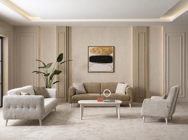 2X 3-Sitzer Sofa Sessel Beige Braun Stoff Modern Wohnzimmer Garnitur-image