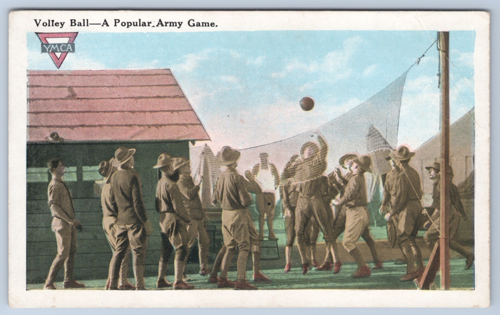 WWI Army YMCA Soldiers Playing Volley Ball Unposted Illustrated Postcard