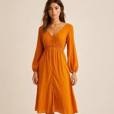 Free People Midi Boho Criss Cross Back Dress Long Sleeve Size 2 Rayon Cotton
