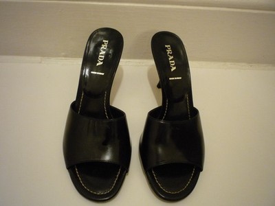 PRADA Italy Black Leather Medium 2 1/2 Inch High Heel Mule Sandals Size 38
