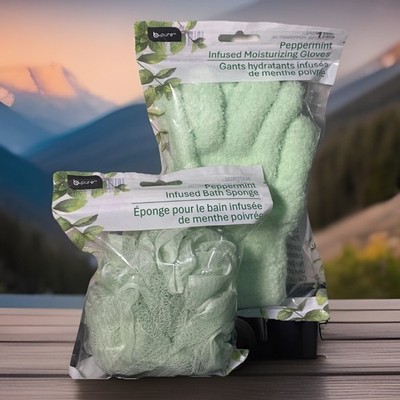 B-pure Peppermint Infused Bath Sponge & Moisturizing Gloves 2 Pk New
