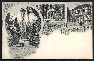 Lithographie Bensheim / Knodener Höh, Ernst-Ludwig-Turm, Mathildentempel, Touri 