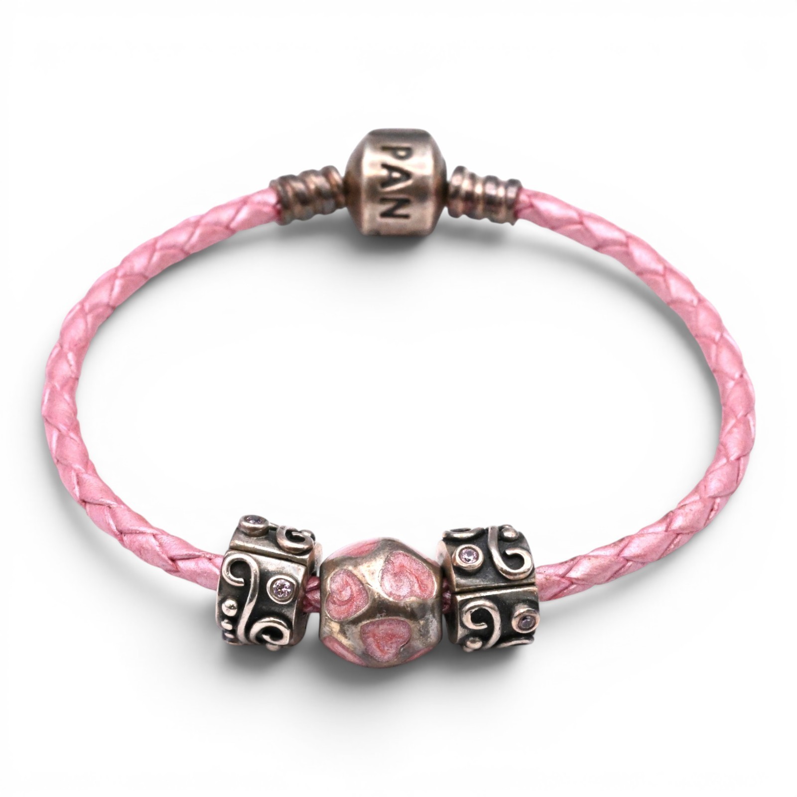 Vintage Pandora Pink Leather Charm Bracelet Pink Sapphire Designer Signed 6