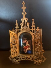 Alter Hausaltar Porzellanbild Maria mit Jesuskind im Barock  Messingrahmen 1870