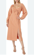 LOST+WANDER Midi Dress XS Gingham Orange Cream Smocked Cotton Long Sleeve NEW