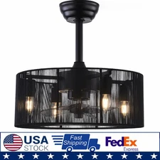 18'' Vintage Farmhouse Fandelier Lamp Caged Ceiling Fan Light w/ Remote Black