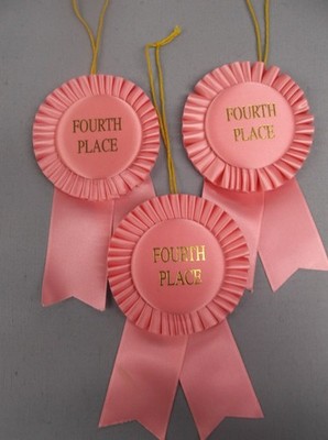 3 pack - pink FOURTH Place Rosette Ribbon wide streamer  3 1/2'' x 6'' with string