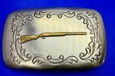 Shotgun Rifle Gun on Two Tone Ornate on Western Framed Engraved Edge Belt Buckle