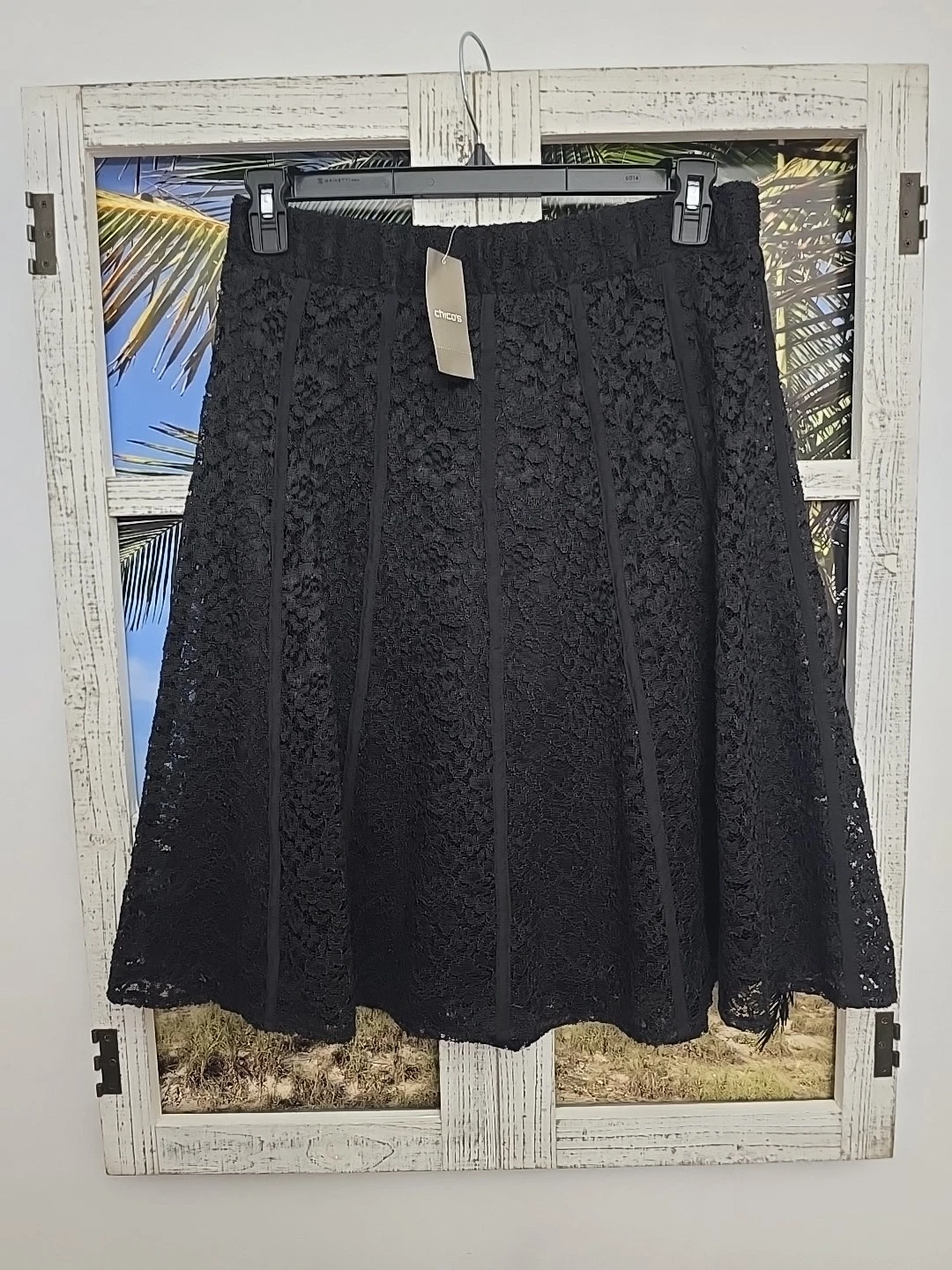 Chicos Lace Aline Skirt Size 1 Womens Medium Black Knee Length Lined Stretch