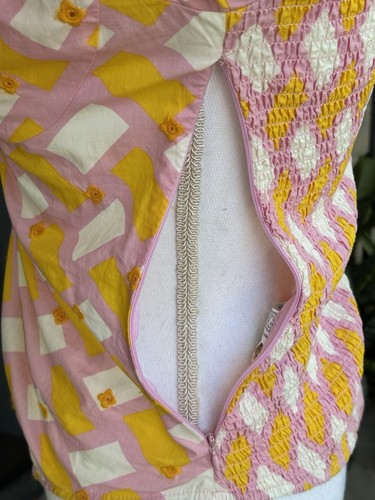 Zara Printed Poplin Puff Sleeve Bodysuit Pink Yellow Smocked Abstract  M - Picture 15 of 20