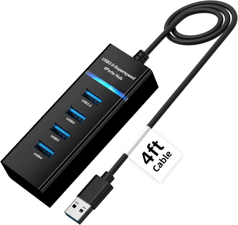 USB Hub 3.0 Splitter with 4ft Extension Long Cable Cord, 4-Port Black