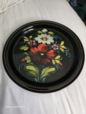 Authentic Russian Tole Black Metal 7 in. Tray Plate  Floral Hand Painted