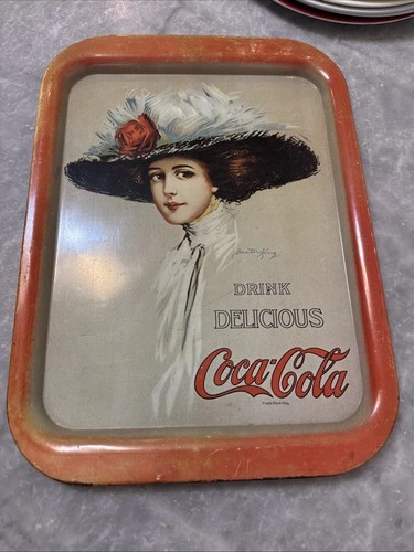 Vintage Coca-Cola Drink Delicious Serving Tray Lady in Hat Red Border - Used