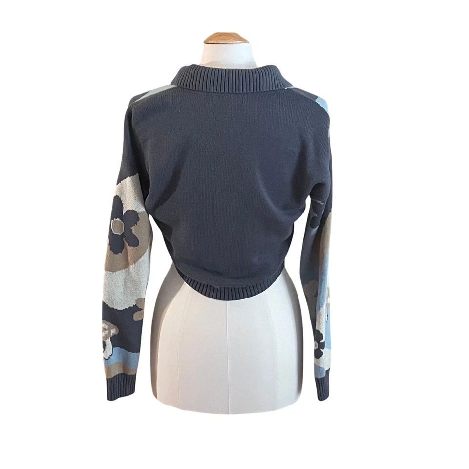 Hollister Cotton Blend Blue Cropped Cardigan, Mushrooms, Flowers, Size S - Image 4 of 4