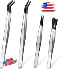 4 Pcs Stainless Steel Tweezer Set, Straight Flat Tip Soft Tweezers with Rubber 