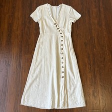 MADEWELL Button Wrap Dress Women Sz 0 Ivory Short Sleeve Midi A-Line Linen Blend