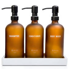 Frosted Amber Glass Shampoo and Conditioner Dispenser Set   Refillable 16 oz ...