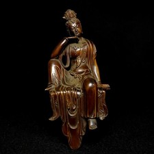 Statua Avalokitesvara Kwan-yin H 13 CM cinese in legno di bosso intagliato a mano collezione
