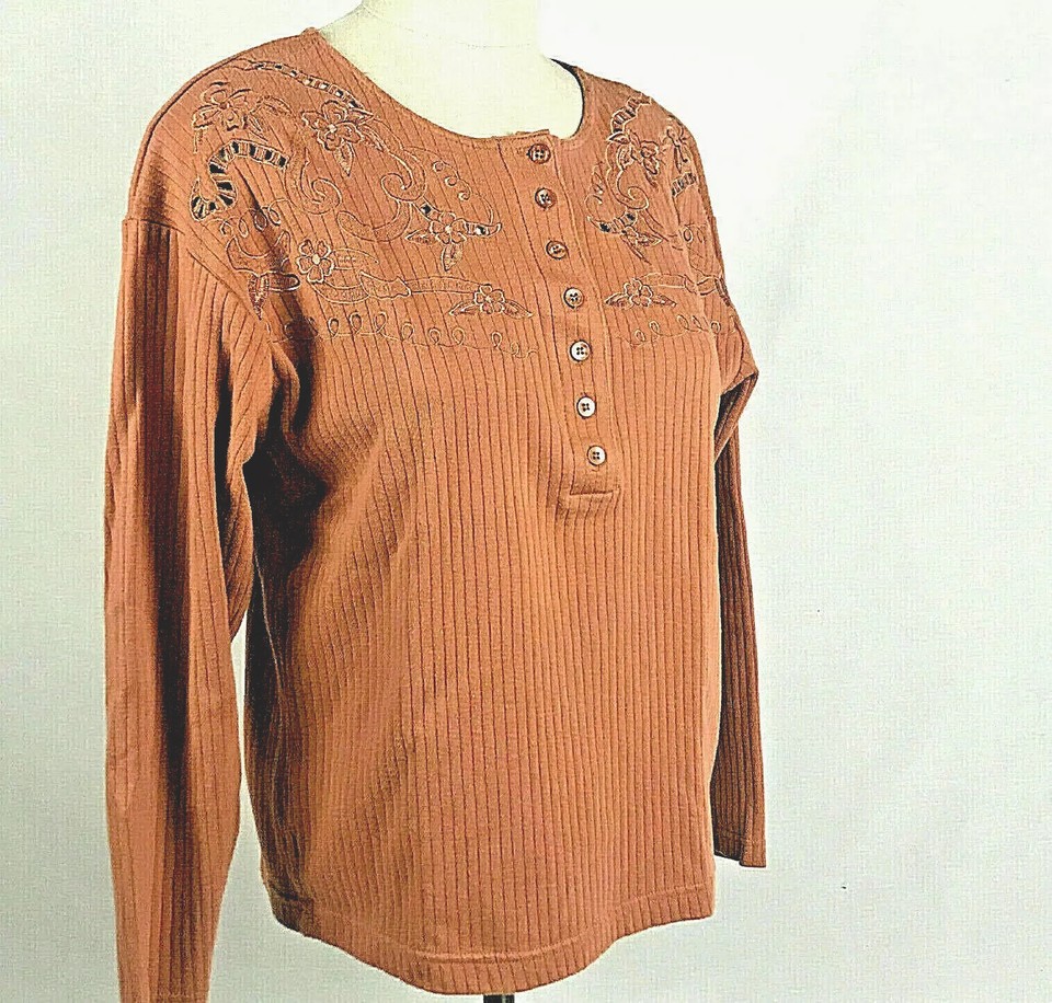 JL Plum Top Womens Size S Terra Cotta Ribbed 100 Cotton Embroidery