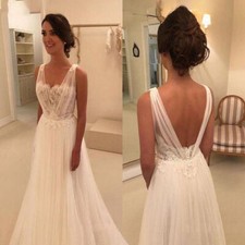 Vintage Simple V Neck Wedding Dresses A Line White Ivory Tulle Bridal Gowns